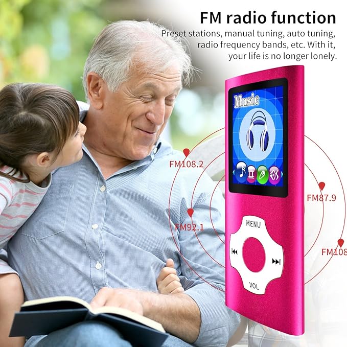 Mymahdi MP3 Player Portable Music Player, 1.8 Inch LCD Screen with Video/Voice Record/FM Radio/E-Book/Photo Viewer, Max Support 64GB Pink