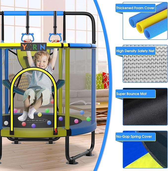 YORIN Trampoline for Kids 66'' 60'' 55'' Toddler Mini Small Trampoline Outdoor Indoor Trampoline W Basketball Hoop, Swing, Adjustable Gymnastics Bar, Gift for Baby, Toddlers & Kids