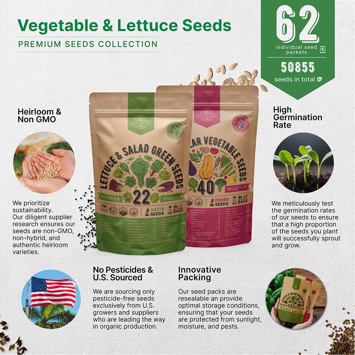 22 Lettuce & Salad Greens & 40 Vegetable Seeds Variety Pack Bundle, 50,700+ Non-GMO Heirloom Seeds for Planting Vegetables, Lettuce, and Salad Greens for Indoor & Outdoor Gardening