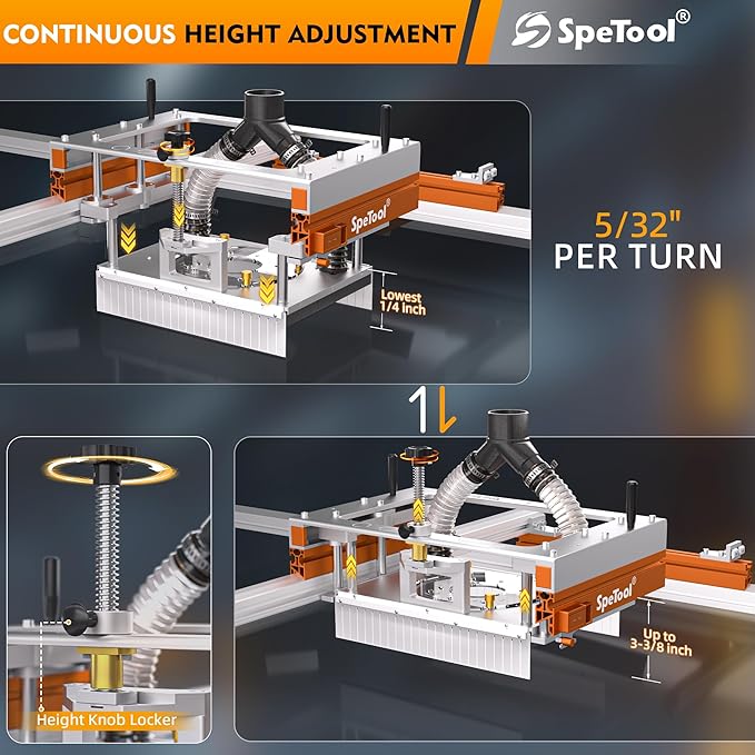 SpeTool Xpert Router Sled for Flattening Slabs with Continuous Height Adjustment & Dust Collection, Easy-to-install 3-Axis Aluminum Slab Flattening Jig, Spoilboard Slab Flattening Mill for Woodworking
