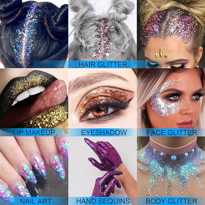 Holographic Face Glitter Gel Body Shimmer Makeup for for Hair, Face, Clavicle, Arm, Nail, Eyeshadow, Long Lasting Waterproof Party Glitter for St. Patrick's Day, 1.35oz (Grass Green #16)