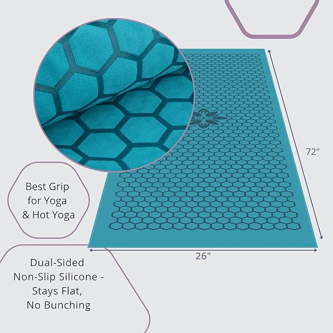 Clever Yoga Non-Slip Hot Yoga Towel – Non-Slip Grip for Hot Yoga, Sweat Absorbent, Honeycomb Silicone Grip, Stays Flat – Ideal for Pilates, Travel, Washable & Lightweight - Turquoise