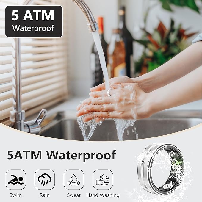 Thin Smart Ring for Fitness & Health Tracking -Pedometer,Sleep/Heart Rate/Blood Oxygen Monitor, Gesture Control / 5ATM Waterproof -No APP Subscription Compatible with Android& iOS (Silver, 9)
