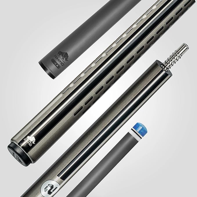 RHINO Nebula 2 Pool Cue - 100% Carbon Fiber Shaft & Composite Butt. Time Crystal Tip, Pro Taper Design, 12.4 mm,12.8 mm. 3/8-8 Joint, 3D Friction Grip. Low Deflection Pool Cue