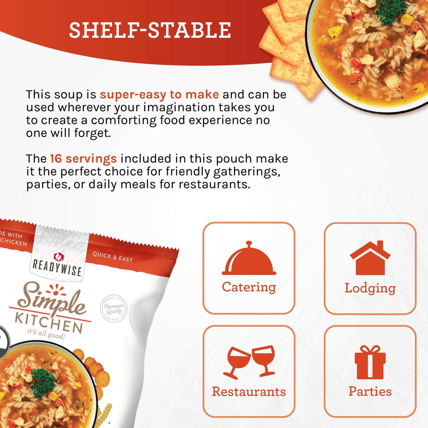 READYWISE - Simple Kitchen, Tomato Basil Soup, 17 Servings, MRE, Gluten Free, & Vegetarian, Food, Soup Mix, for Events, Hiking, Emergency Food Supply, Camping Essentials, or Daily Use, 1 Pack