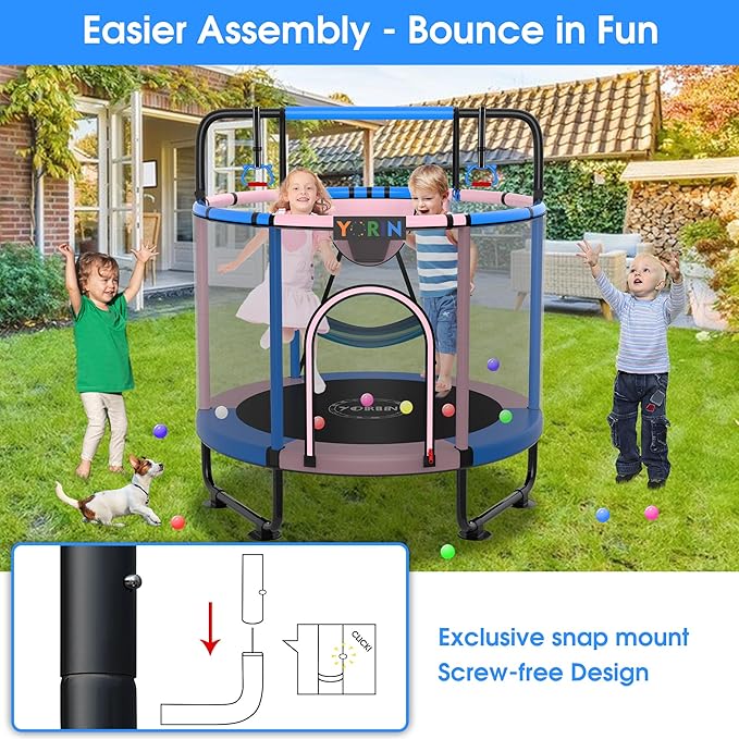 YORIN Trampoline for Kids 66'' 60'' 55'' Toddler Mini Small Trampoline Outdoor Indoor Trampoline W Basketball Hoop, Swing, Adjustable Gymnastics Bar, Gift for Baby, Toddlers & Kids