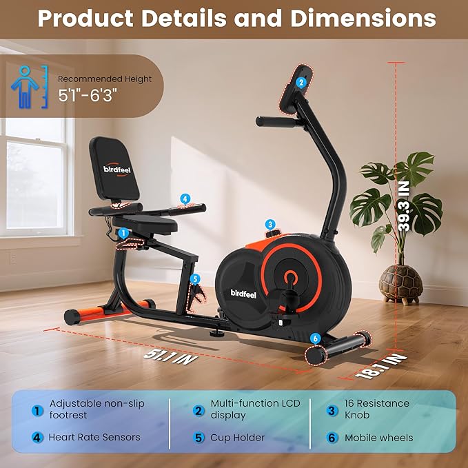 Recumbent Exercise Bike for Home,Recumbent Stationary Bikes for Adults & Seniors,Load Capacity of 400 pounds,Equipped with 16 Adjustable Gears, and Soft Adjustable Seats