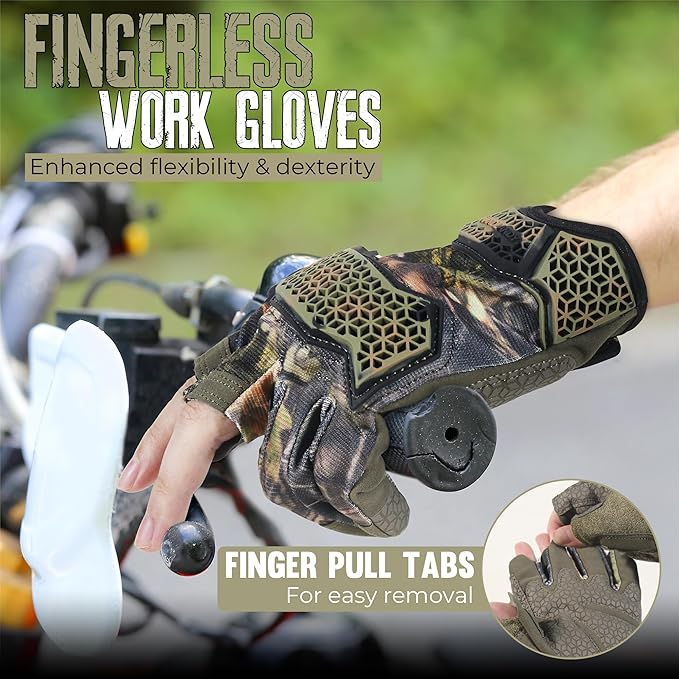 HANDLANDY Fingerless Framer Work Gloves for Men, Utility Grip Paded Gloves for Tactical Shooting Airsoft Hunting Driving (Camo- 3 Fingerless, Large (Pack of 1))