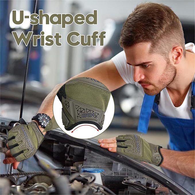 HANDLANDY Tactical Fingerless Impact Gloves for Men, Padded Grip Half Finger Work Gloves, Utility Trucker Driver Gloves (Army Green, Large (Pack of 1))