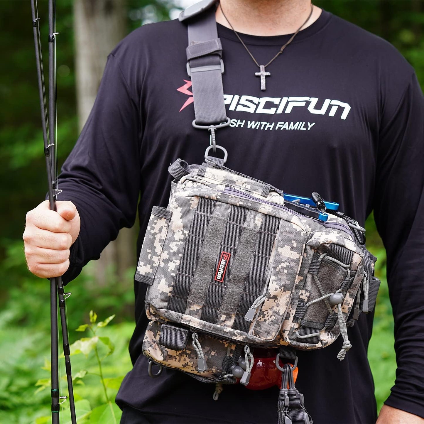 Piscifun Fishing Backpack with Rod Holder, Lightweight Sling Bag Storge Gear and Equipment