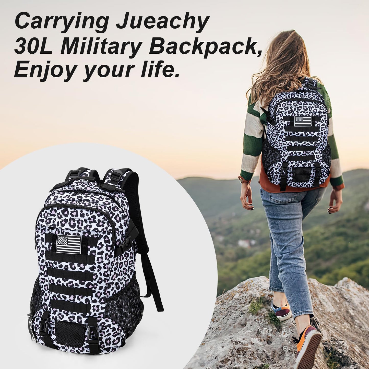 Jueachy Tactical Backpack for Men Hiking Day Pack Molle Military Rucksack Waterproof 30L EDC Bag with USA Flag Patch
