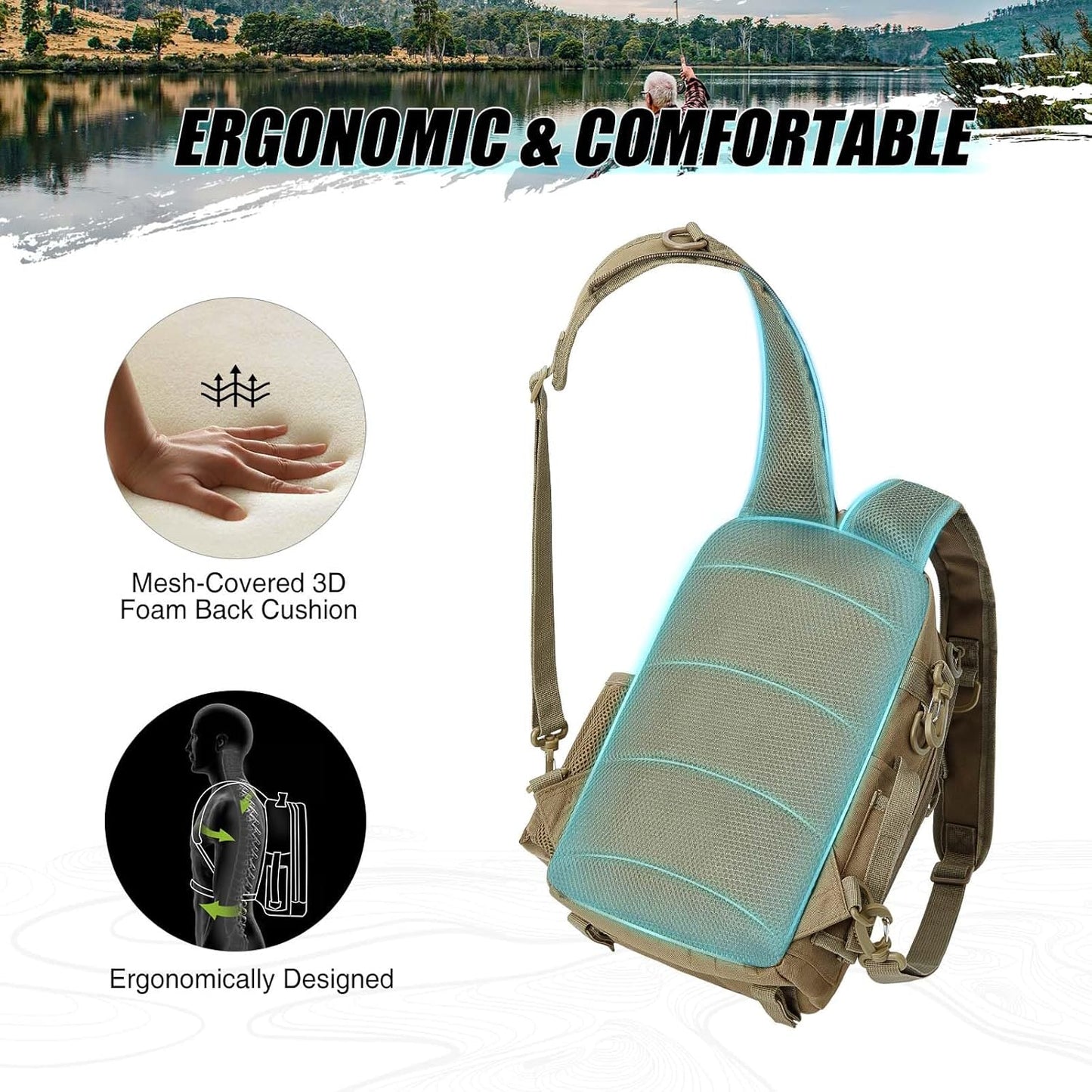 Piscifun Fishing Backpack with Rod Holder, Lightweight Sling Bag Storge Gear and Equipment