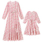 AWIBMK Mommy and Me Floral Boho A-Line V Neck Long Sleeve Dress Blue Pink Size L