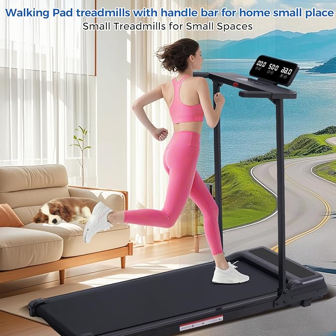 Walking Pad Treadmill with Handle Bar, Compact Portable Treadmills for Home Small, Electric Walking Pads with Handles, 3.5HP Quiet Motor and LED Display, 400 LBS Capacity