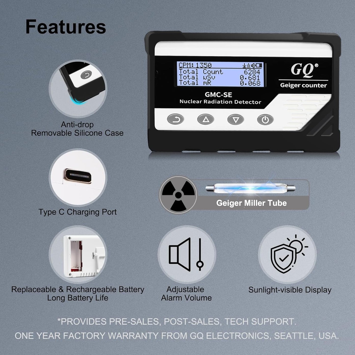 GQ GMC-SE Geiger Counter Radiation Detector Beta Gamma X-ray Portable Radiation Monitor Meter Digital Nuclear Radiation Dosimeter, Automatic Data Recording Device, Drop-Proof Silicone Case (Black)
