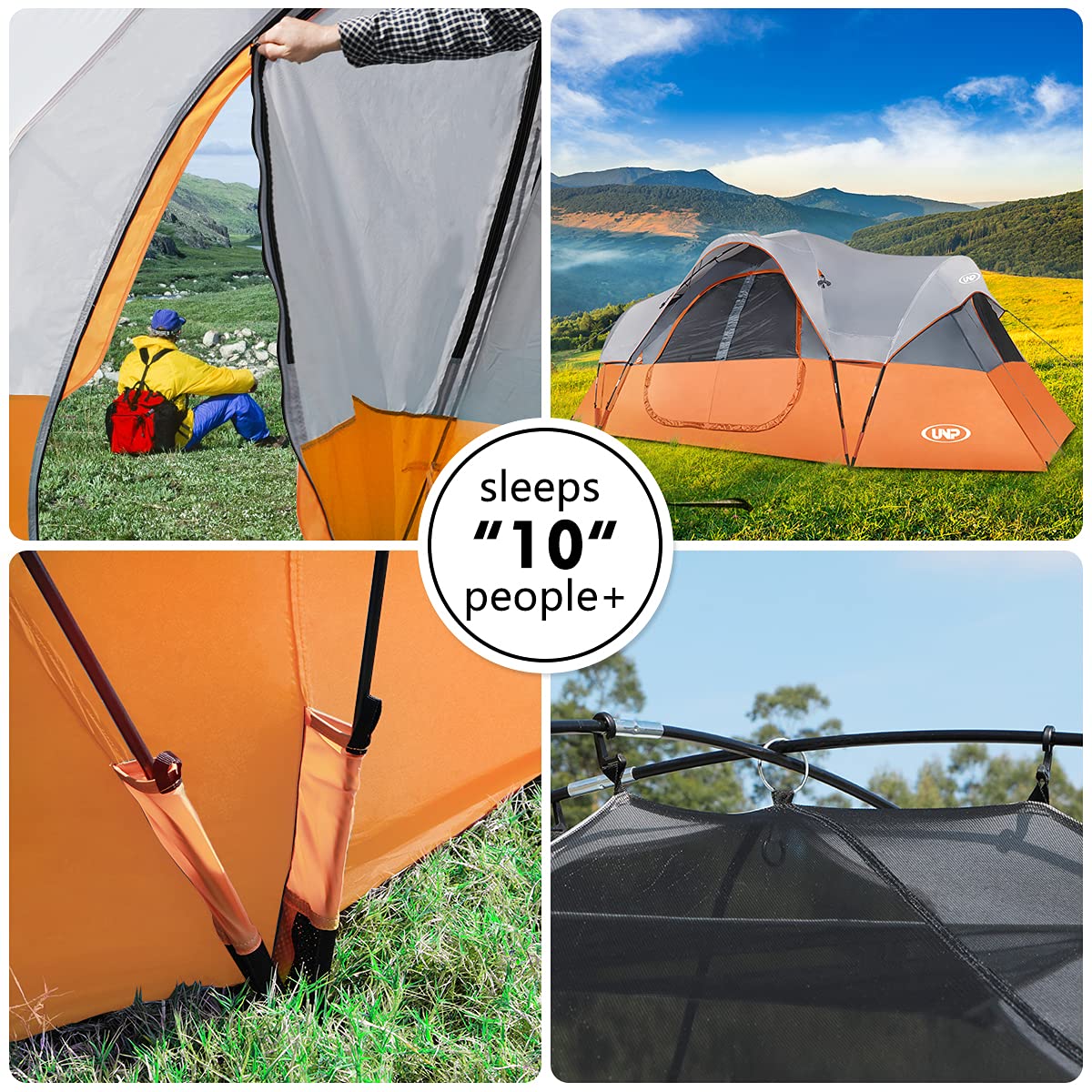 UNP Camping Tent 10-Person-Family Tents, Parties, Music Festival Tent, Big, Easy Up, 5 Large Mesh Windows, Double Layer, 2 Room, Waterproof, Weather Resistant, 18ft x 9ft x78in