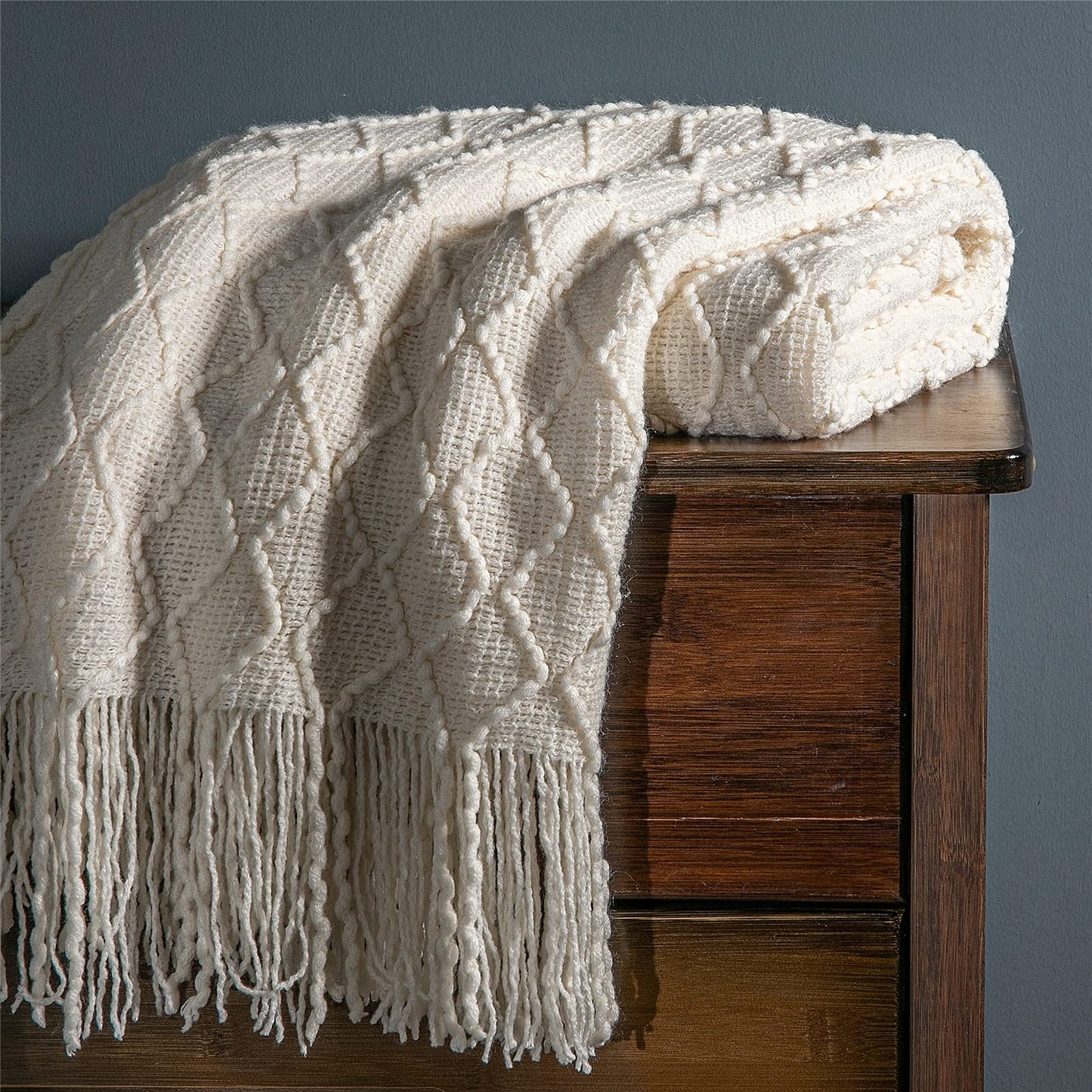 Fennco Styles Modern Textured Weave Knit Throw with Fringe 50" W x 60" L - Chevron Throw Blanket for Sofa, Couch, Living Room, Bedroom Décor