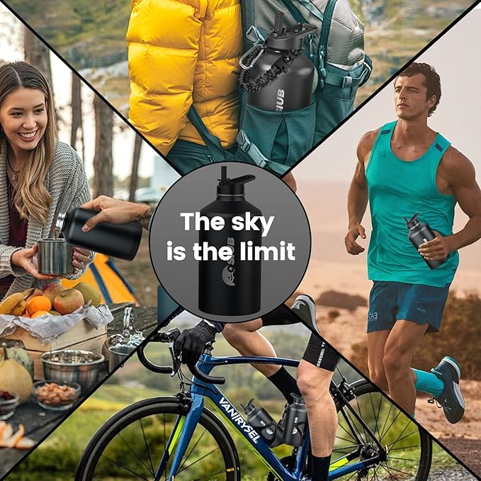 Insulated Water Bottle 87 oz, Triple Wall Vacuum Stainless Steel(Cold for 48 Hrs),Leak Proof & BPA-Free,Half Gallon Water Bottle with Reflective Paracord & Flip Straw for Sports & Travel, Black