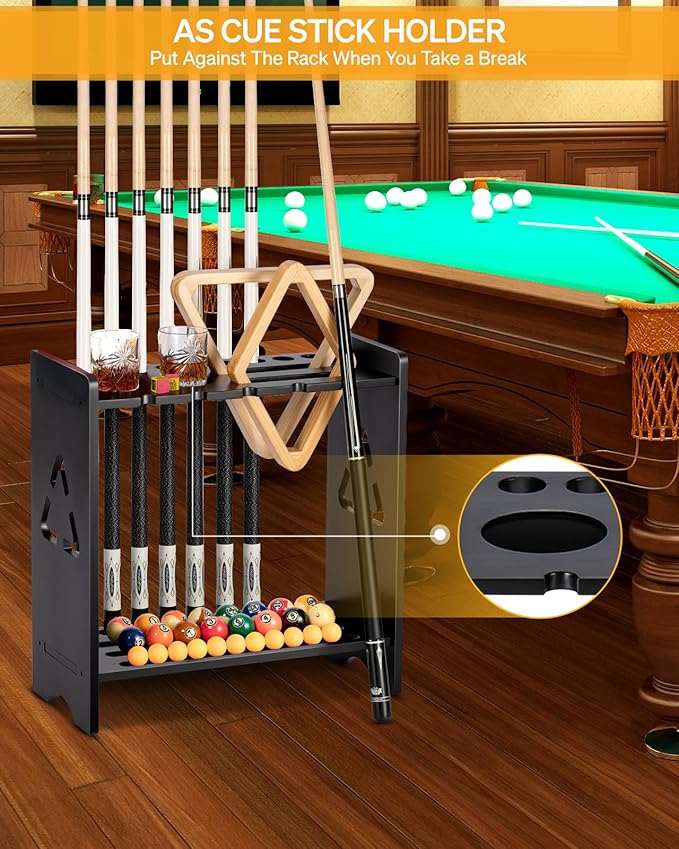 Pool Cue Stick Holder - Floor Stand Billiards Rack Oak Solid Wooden Holds 9 Cues and Pool Table Accessories Organizer