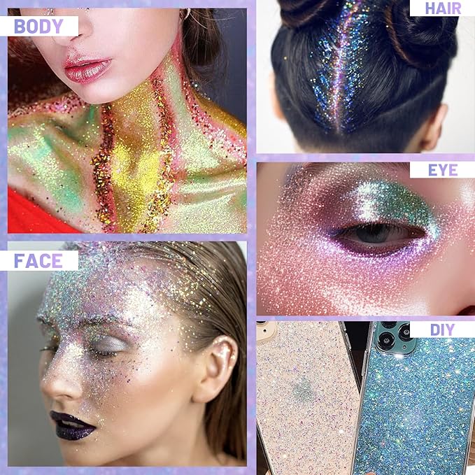DAGEDA Body Glitter Gel, Roll-on Face Glitter for Mermaid Makeup Festival Rave Accessories, Holographic Hair Glitter Gel,Body Shimmer Halloween Makeup for Rave Party (Silver)
