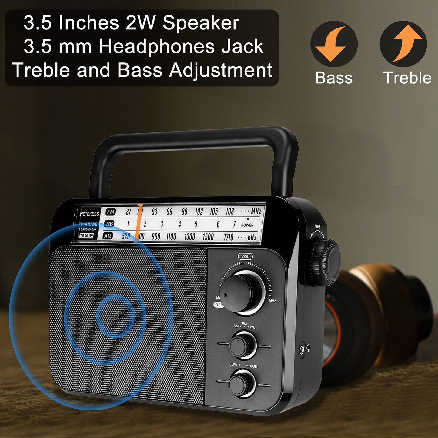 Retekess TR604 AM FM Radio,Portable Radio Plug in Wall,D Battery Operated,Large Dial,High/Low Tone Mode,Big Speaker,Earphone Jack,for Home,Picnic,Senior