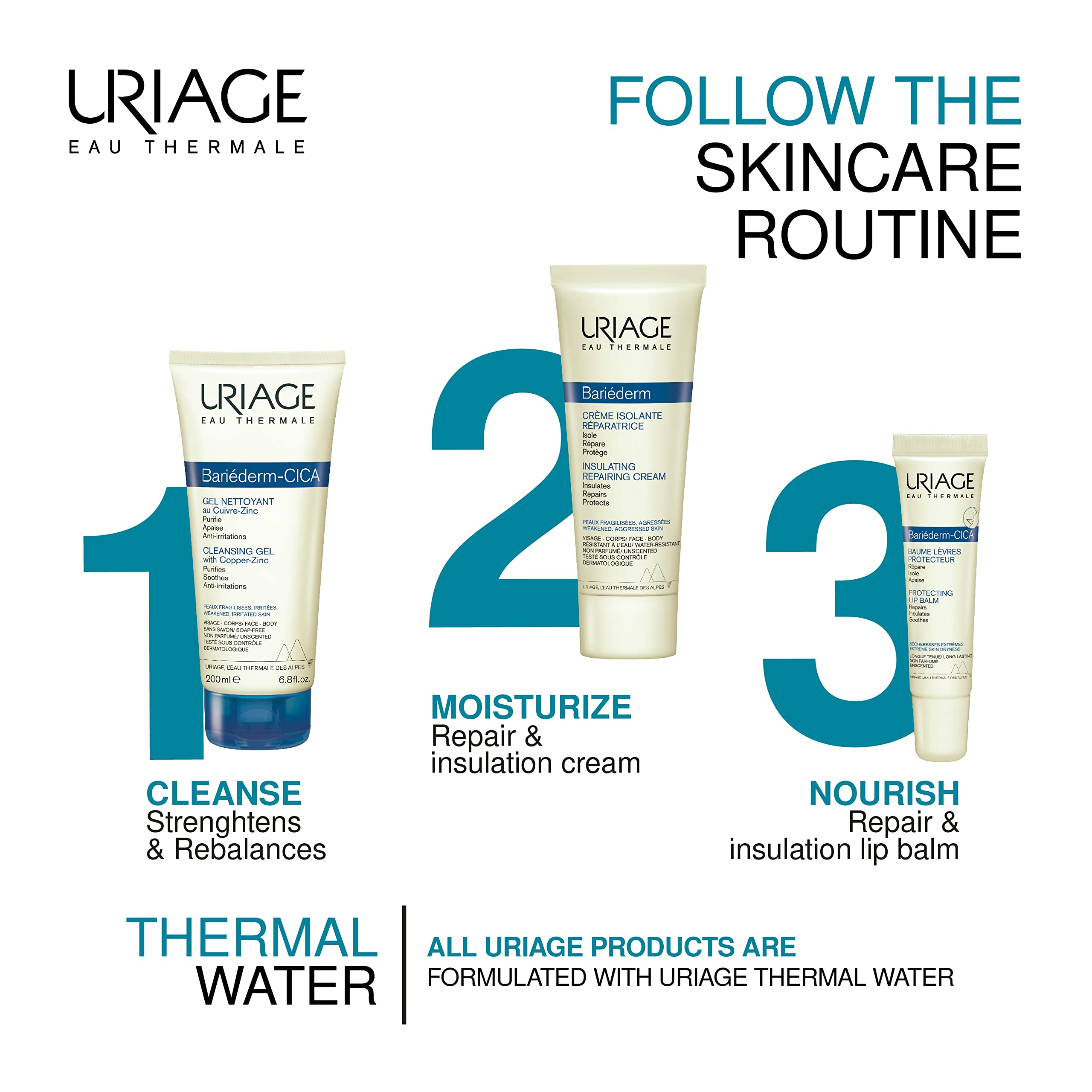 Uriage Bariederm Cica Gel - Gentle Cleansing Gel for Sensitive Skin, Face & Body Wash for Babies to Adults
