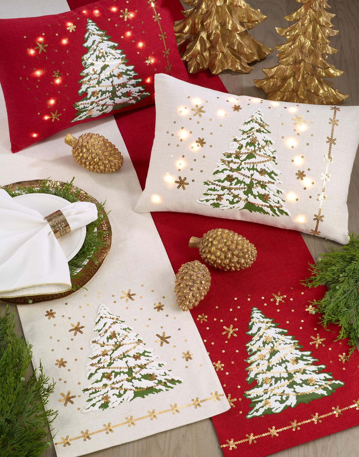 Fennco Styles Christmas Tree Design with LED Light Decorative Throw Pillow Cover 13 x 20 Inch - Red Pillow Case for Holiday Décor, Couch, Living Room and Bedroom Décor