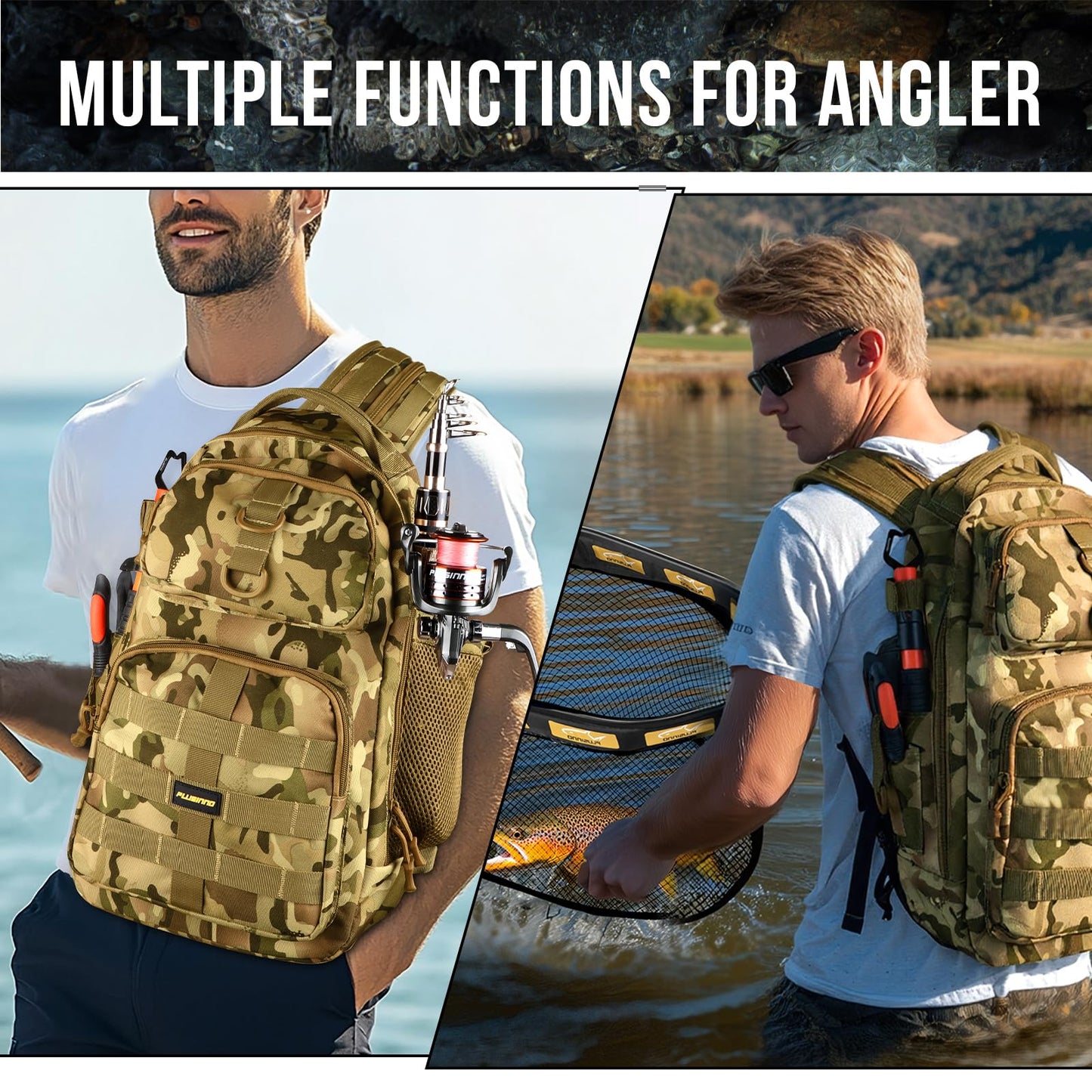 PLUSINNO Fishing Backpack with Tackle Boxes, Waterproof Fishing Sling Tackle Bag For Fishing Gear With Rod Holder, Fishing Gifts for Men With Fishing lures, Fishing pliers, Fish Lip Gripper.