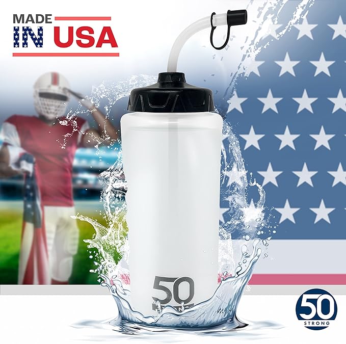 50 Strong 1 Liter Water Bottle with Straw – 2-Pack Easy-Squeeze Sports Bottles with Long Straw & Built-In Finger Grip – BPA-Free – Made in USA – Ideal for Hockey, Football, Lacrosse & Boxing