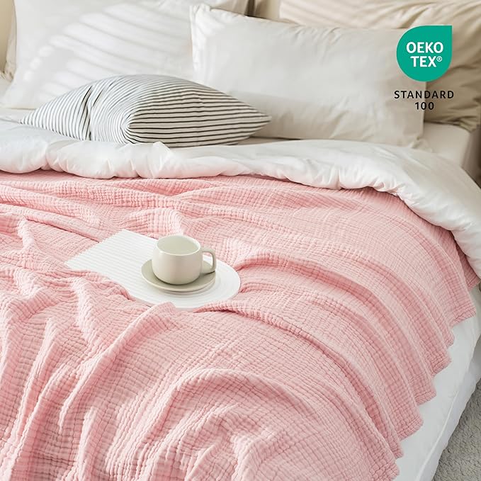 Carriediosa 100% Cotton Muslin Throw Blanket 90" X 90" Queen Size，4-Layers Summer Gauze Throws for Bed Couch，Soft Lightweight Breathable Linen Blankets Bedspread for Adults All Season，Dusty Pink