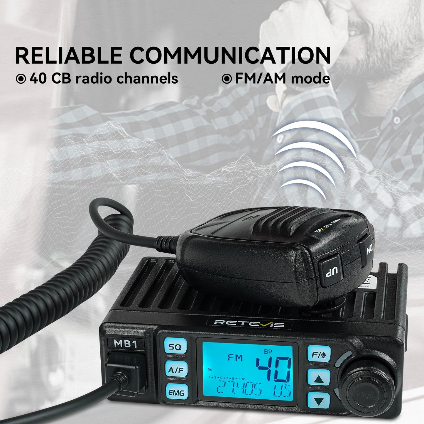 Retevis MB1 40 Channel CB Radio, Noise Cancellation Long Range Mobile Radio, with CB Antenna and Cigarette Lighter, Emergency Channel 9/19, 7-Color Screen, Auto-Scan, External Speaker Jack for Trucker