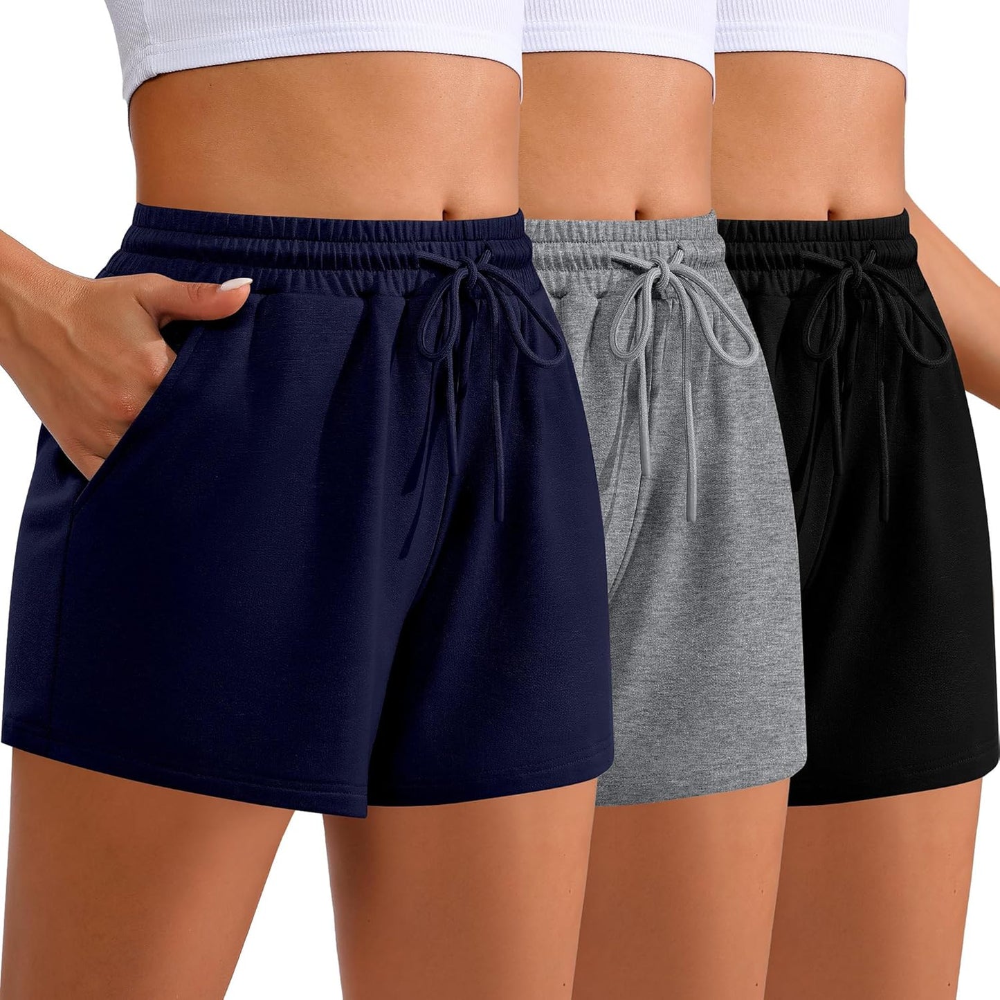 Women Sweat Shorts 3-Pack - High Waist Athletic Lounge Shorts with Pockets