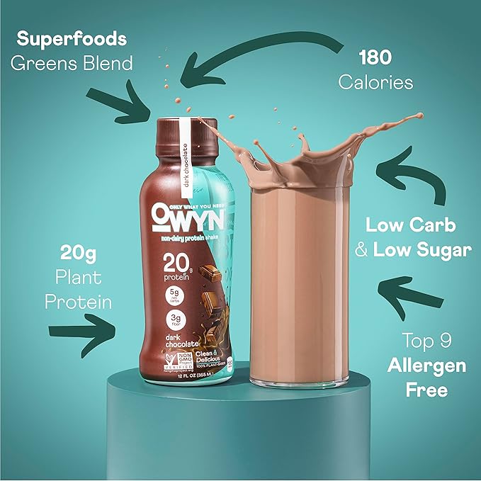 OWYN Only What You Need Protein Shake, 20g Vegan Protein, Ready to Drink, Dairy Free, Great Taste, 4g Sugar, 5g Net Carbs, Strawberry Banana Variety Pack, 12 Fl Oz (12 Pack)