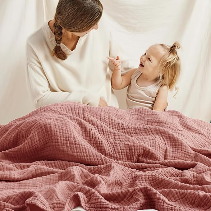 Carriediosa 100% Cotton Muslin Throw Blanket 90" X 90" Queen Size，4-Layers Summer Gauze Throws for Bed Couch，Soft Lightweight Breathable Linen Blankets Bedspread for Adults All Season，Mauve