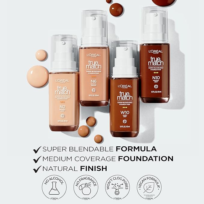 L'Oreal Paris True Match Super-Blendable Foundation, Medium Coverage Liquid Foundation Makeup, W7, Medium Deep, 1 Fl Oz