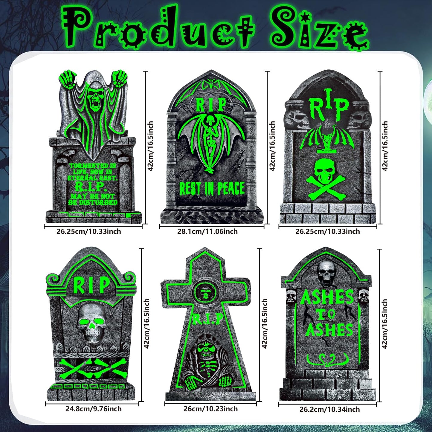 CiniQy Halloween Tombstones 6 Pack Light Up 16.5x11.5" Waterproof Outdoor Decor