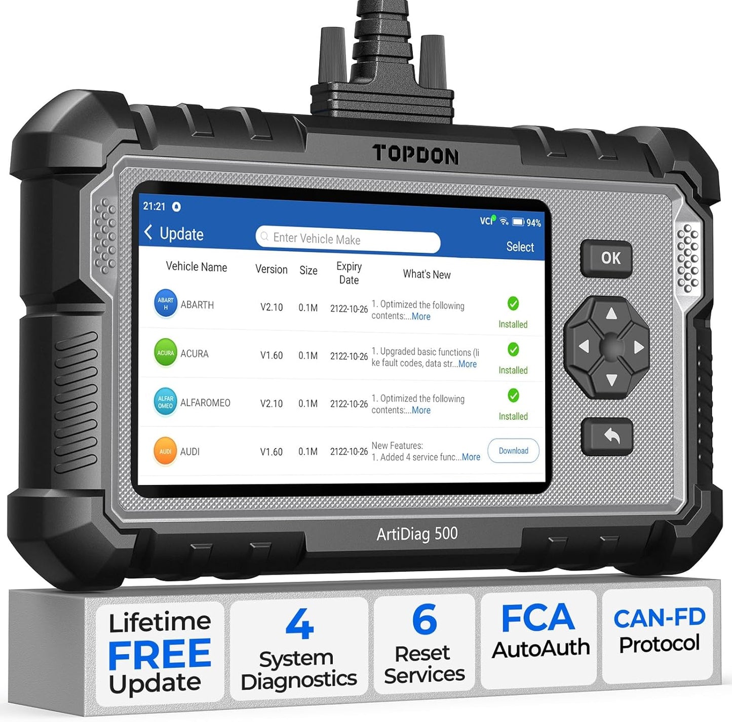 TOPDON AD500 OBDi TOPDON AD500 OBD2 Scanner Car Code Reader Scan Tool, Engine ABS SRS Transmission Diagnostics Tool, Oil/Throttle/SAS/TPMS/BMS/EPB Reset Car Scanner, Free Upgrade for DIY