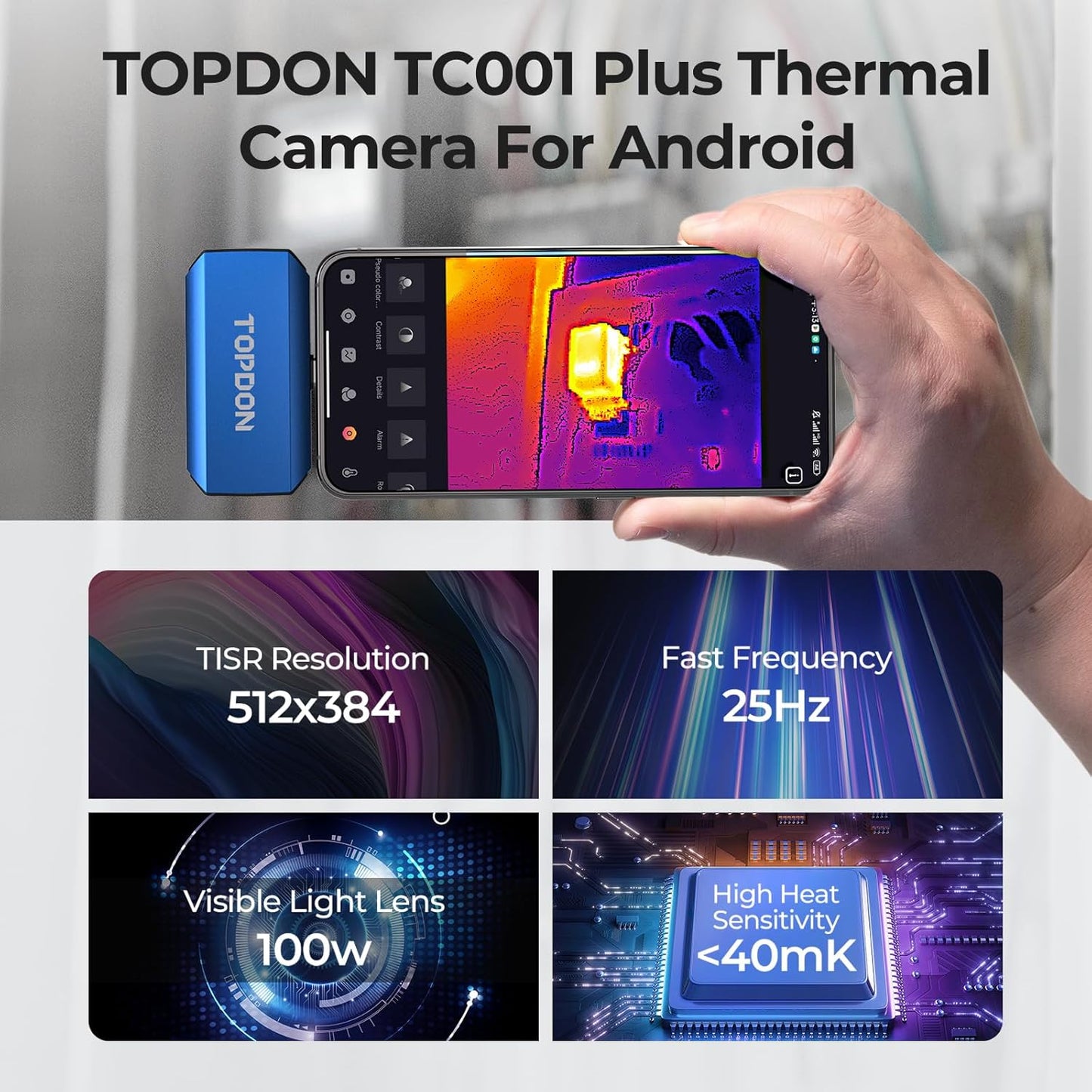 TOPDON TC001 Plus Thermal Camera for Android, 512 x 384 Super Resolution with Visual Camera, 256 x 192 IR Resolution, Dual-Lens Thermal Imaging Camera for Smartphones and Tablets, PC (not for iOS)
