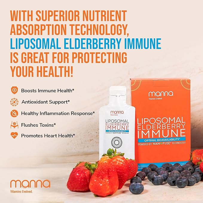 Manna Vitamins Evolved Liposomal Elderberry Immune Packets – Vitamins C, D, Zinc etc. - Daily Immune Support for Adults, Kids - Sugar Free, Real Elderberry Extract, Syrup, Travel-Friendly, 30 Pack
