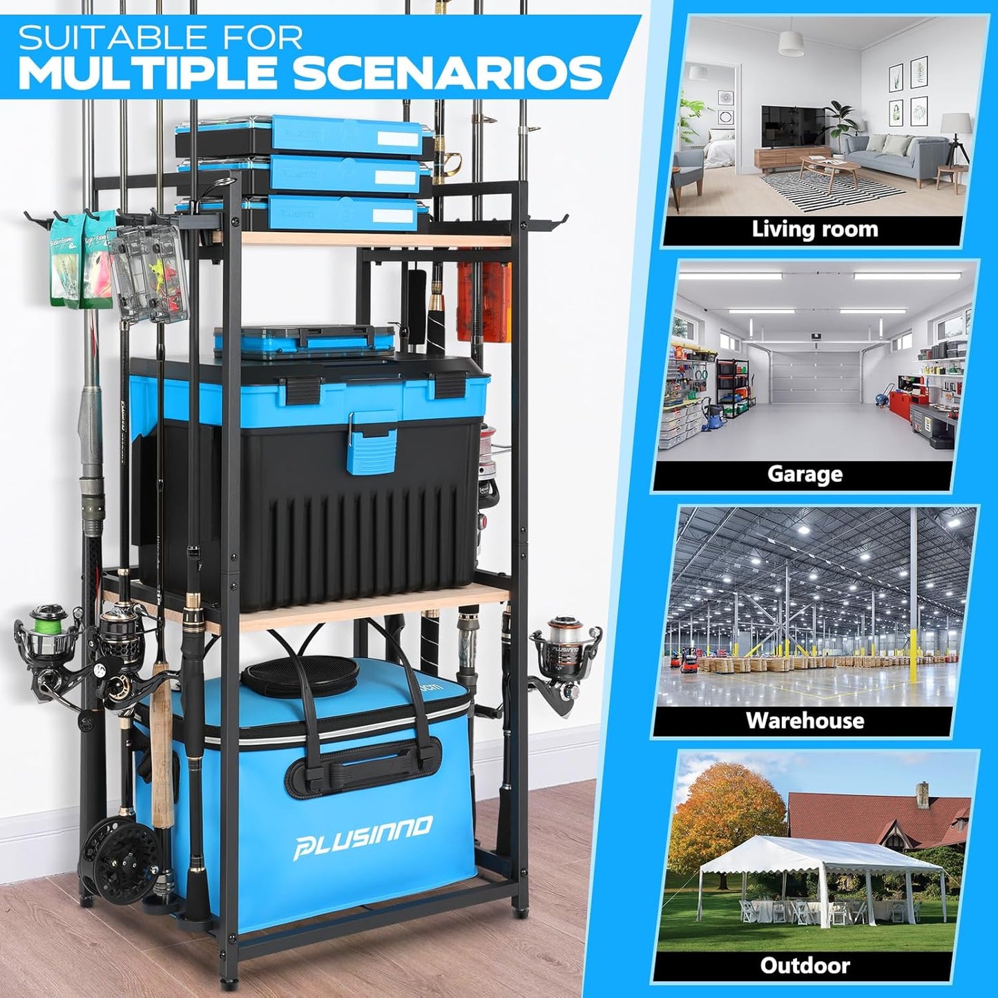 PLUSINNO 3 Tier Fishing Rod Holder, Fishing Pole Holders for Garage, Fishing Rod Rack Fishing Rod Storage Up to 8 Rods, Fishing Gear Tackle Box Fishing Equipment Organizers, Fishing Gifts for Men