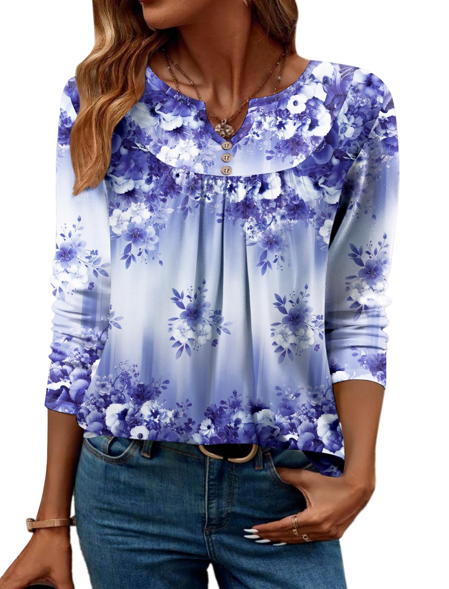 Women Long Sleeve V Neck Blouse - Casual Dressy Work Tunic Top with Pleated Detail 2025