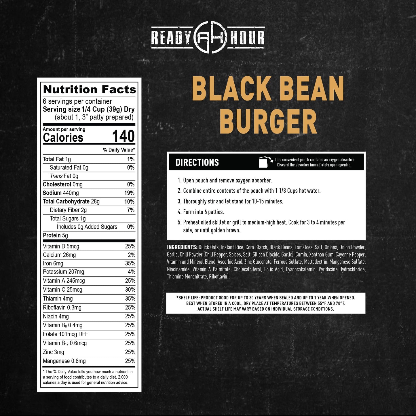 Ready Hour Black Bean Burger Mix Case Pack – 36 Servings (6 Pouches) – Emergency Vegetarian Food, Long Term Storage, Shelf-Stable Veggie Burger, Survival Food Mix