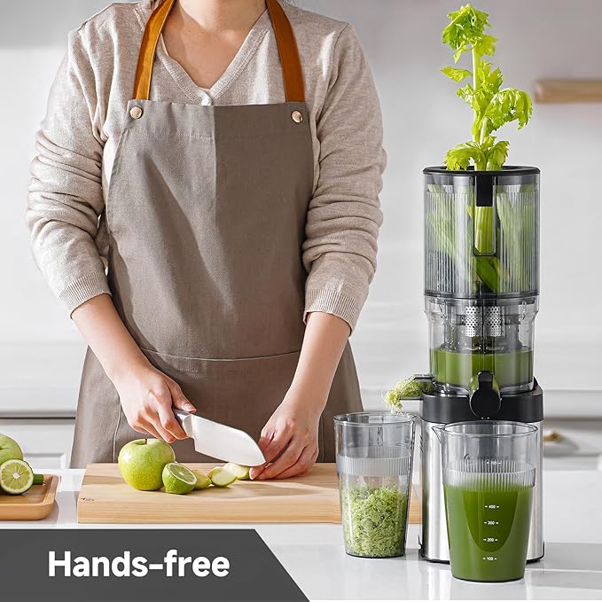 AMZCHEF Cold Press Juicer, Juicers Machines - 5.4" Large Feed Chute for Whole Fruits & Vegetables, Stainless Steel Slow Masticating Juice Easy to Clean, Large Auger, Triple Strainers, Silver