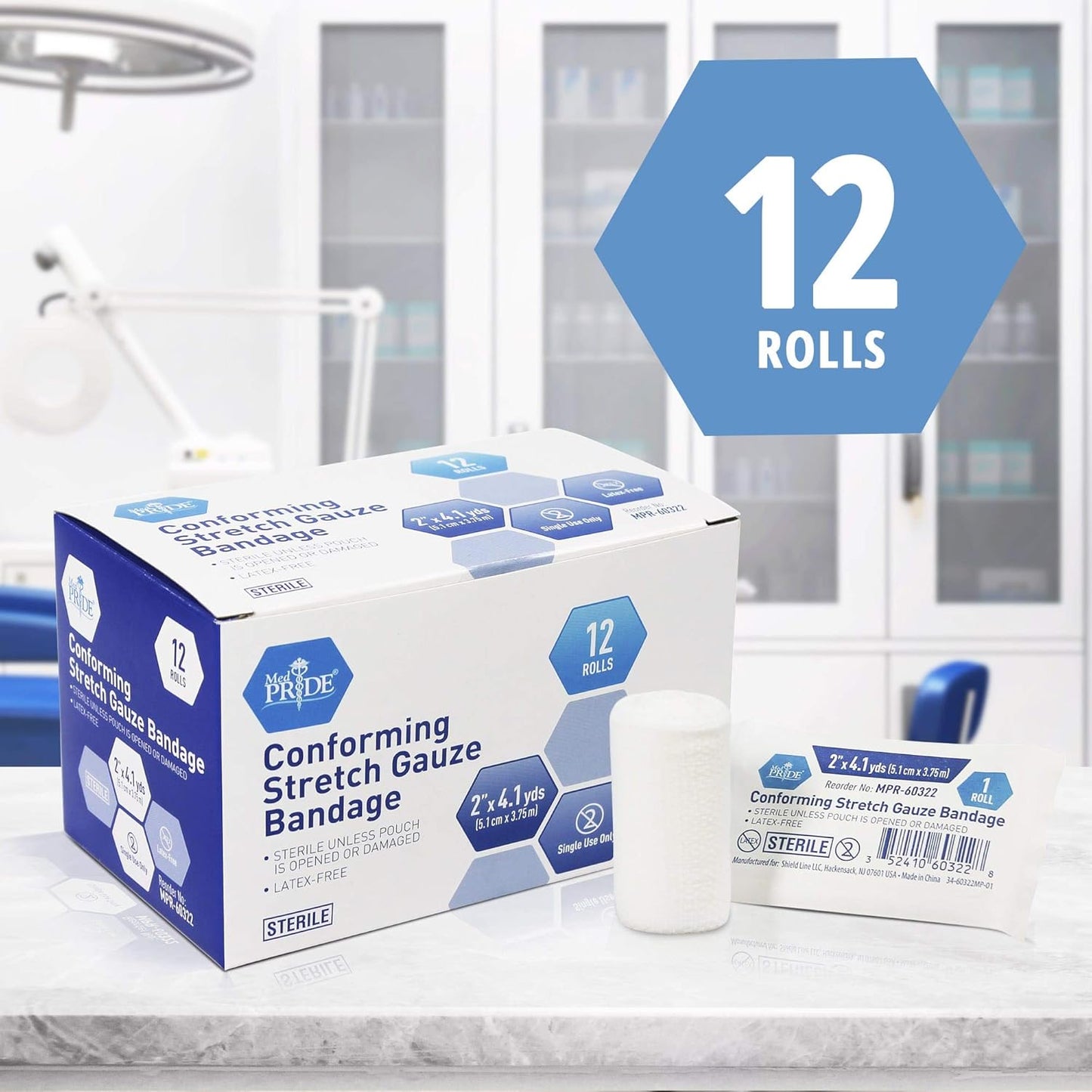 MedPride Conforming Stretch Gauze Bandage Roll, Sterile - 12 Rolls/Box, Case of 8 (96 Count)