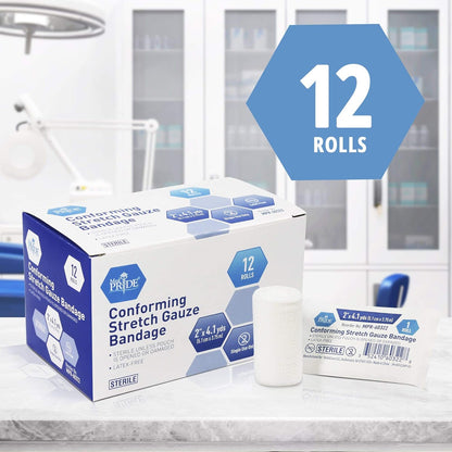 MedPride Conforming Stretch Gauze Bandage Roll, Sterile - 12 Rolls/Box, Case of 8 (96 Count)