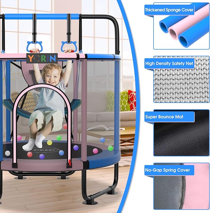 YORIN Trampoline for Kids 66'' 60'' 55'' Toddler Mini Small Trampoline Outdoor Indoor Trampoline W Basketball Hoop, Swing, Adjustable Gymnastics Bar, Gift for Baby, Toddlers & Kids