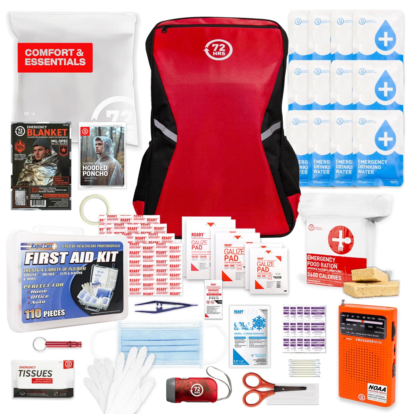 Earthquake Kit - 72 HRS Essential Emergency Survival Kit, Heavy Duty 72 Hour Bug Out Bag Survival Kit for Earthquake, Hurricane, Tsunami - Include Emergency First Aid Kit, Water, Food (Black 2P)