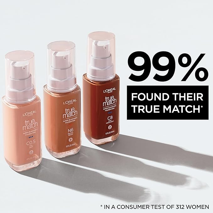 L'Oreal Paris True Match Super-Blendable Foundation, Medium Coverage Liquid Foundation Makeup, N7, Medium Deep, 1 Fl Oz