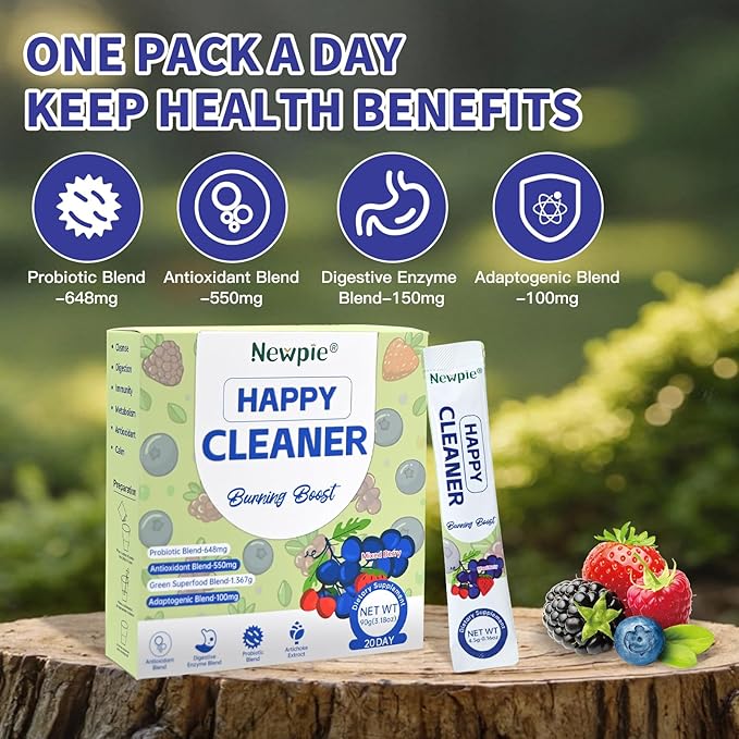 Newpie Superfoods Happy Cleaner Probiotic Powder,Watermelon Flavor Prebiotic & Probiotic Powder,Organic Fiber,Sugar Free,Gut Health,Natural Antioxidant for Women Men (20 Packet, Mixed Berry)