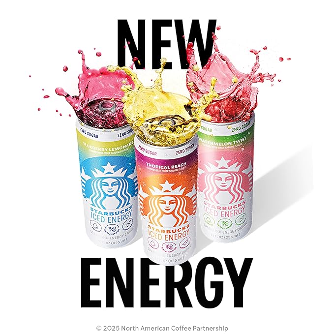 Starbucks Iced Energy Drink, Tropical Peach, Zero Sugar Energy Drink, Plant Based Caffeine, Hydration, Mental Clarity, 12 Fl Oz Cans (Pack of 12)